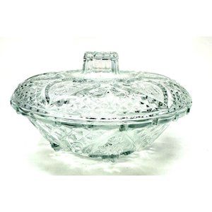 Vintage KIG Malaysia Candy Dish Clear Pressed Glass Hearts and Roses w/ Lid  7"
